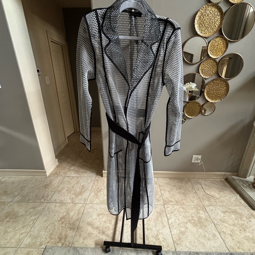 JLUXLABEL Black and White Trench Coat with Wrap-Style Front
